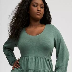 Women's Green Slub Knit Tiered Long Sleeve Top